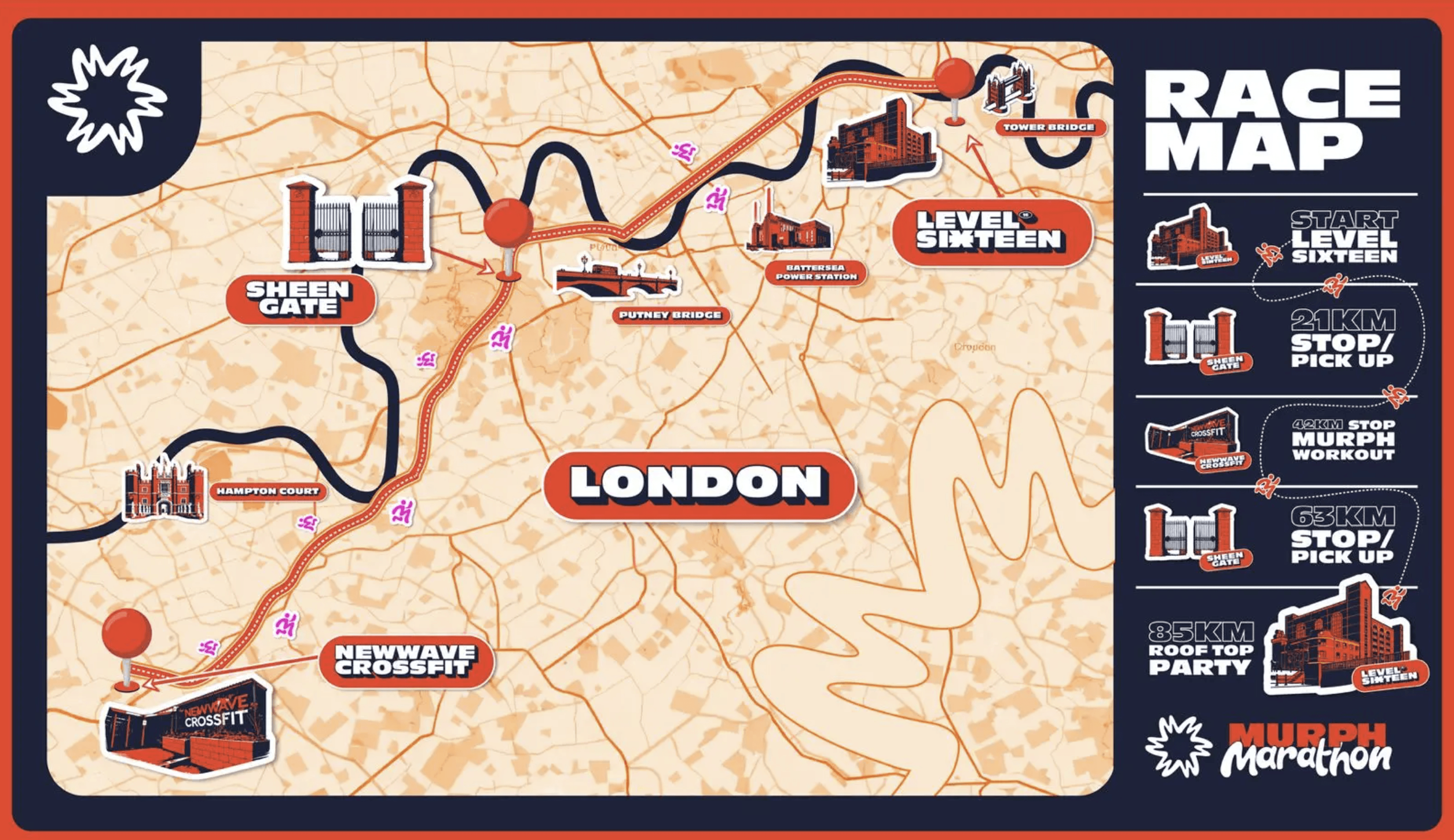 Murph Marathon Race Map — London showing full route through Sheen Gate, Newwave CrossFit Byfleet, and back